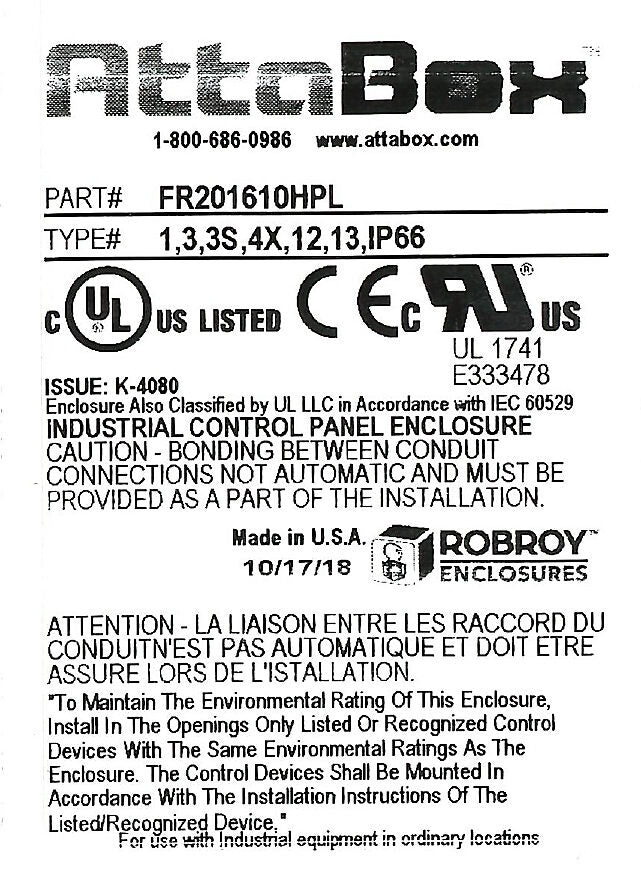 AttaBox Freedom series enclosure, NEMA 1/3/3S/4X/12/13, 20 x 16 x 10in (HxWxD), wall mount, fiberglass reinforced polyester, gray, crowned single-door, (2) quick-release latches, padlock hasp and staple.-FR201610HPL