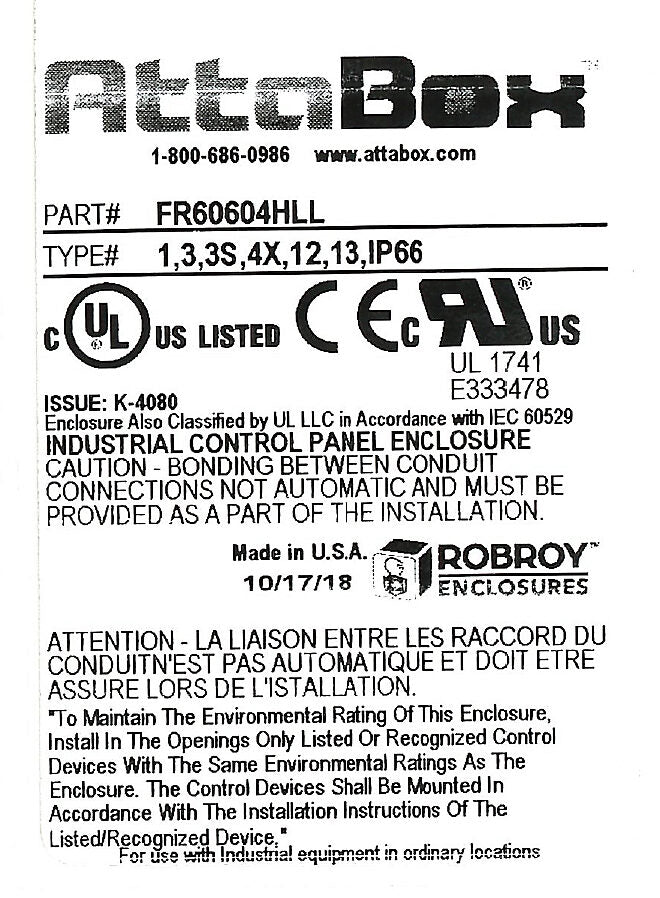 AttaBox Freedom series enclosure, NEMA 1/3/3S/4X/12/13, 6 x 6 x 4in (HxWxD), wall mount, fiberglass reinforced polyester, gray, crowned single-door, (2) twist-lock latches, padlock hasp and staple.-FR60604HLL
