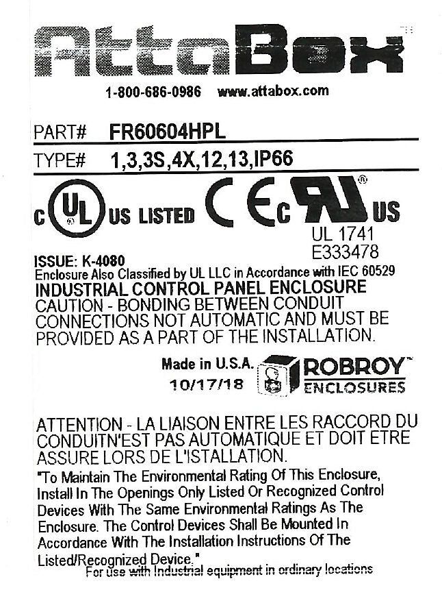 AttaBox Freedom series enclosure, NEMA 1/3/3S/4X/12/13, 6 x 6 x 4in (HxWxD), wall mount, fiberglass reinforced polyester, gray, crowned single-door, (2) quick-release latches, padlock hasp and staple.-FR60604HPL