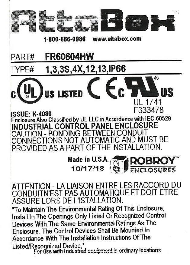 AttaBox Freedom series enclosure, NEMA 1/3/3S/4X/12/13, 6 x 6 x 4in (HxWxD), wall mount, fiberglass reinforced polyester, gray, crowned hinged screw cover.-FR60604HW