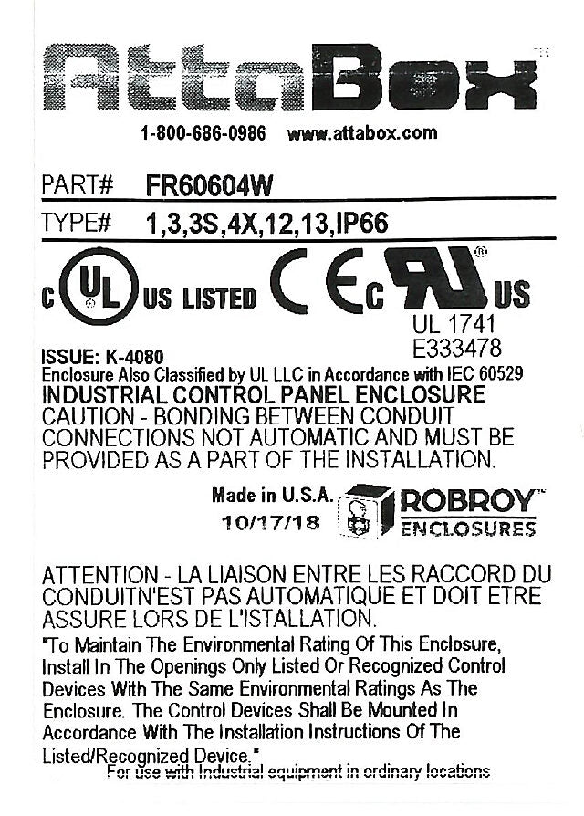 AttaBox Freedom series enclosure, NEMA 1/3/3S/4X/12/13, 6 x 6 x 4in (HxWxD), wall mount, fiberglass reinforced polyester, gray, crowned screw cover.-FR60604W