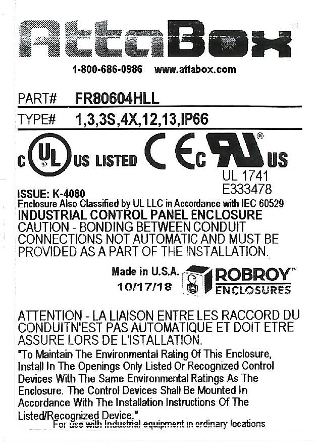 AttaBox Freedom series enclosure, NEMA 1/3/3S/4X/12/13, 8 x 6 x 4in (HxWxD), wall mount, fiberglass reinforced polyester, gray, crowned single-door, (2) twist-lock latches, padlock hasp and staple.-FR80604HLL