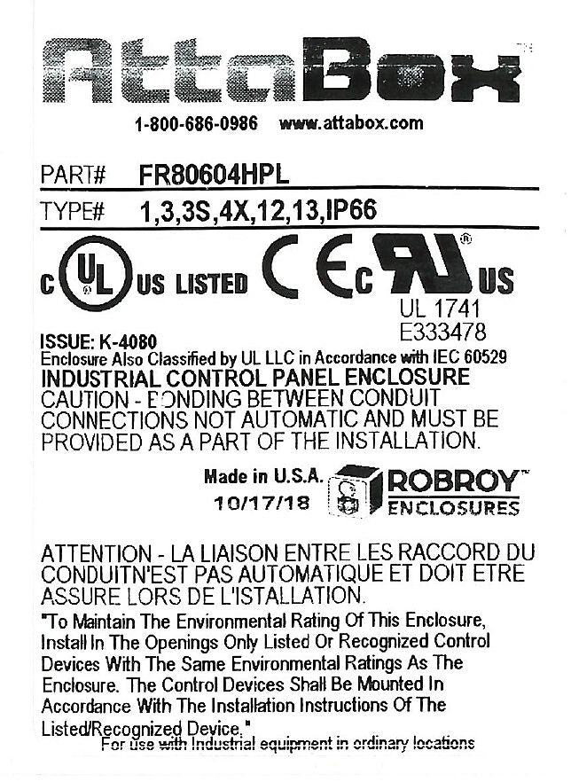 AttaBox Freedom series enclosure, NEMA 1/3/3S/4X/12/13, 8 x 6 x 4in (HxWxD), wall mount, fiberglass reinforced polyester, gray, crowned single-door, (2) quick-release latches, padlock hasp and staple.-FR80604HPL