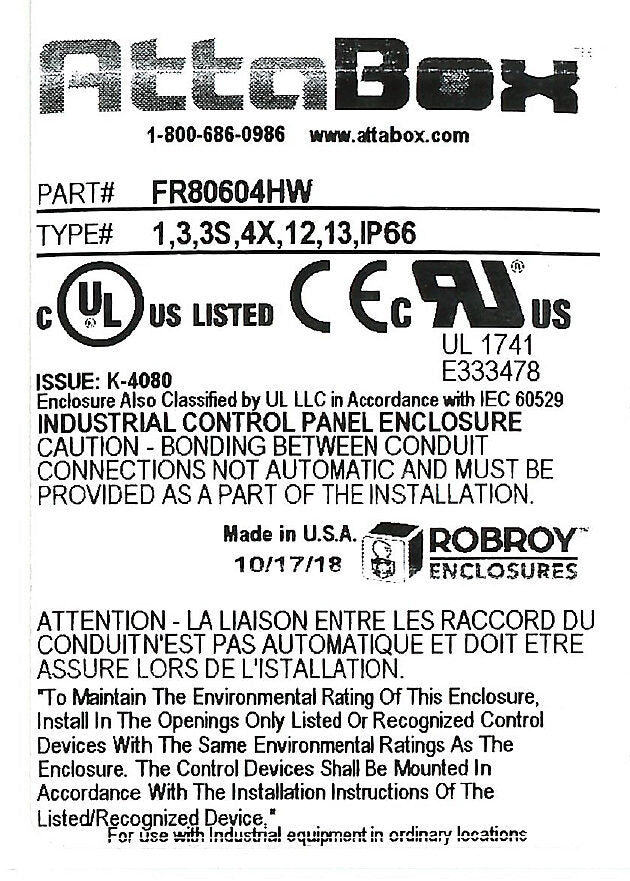 AttaBox Freedom series enclosure, NEMA 1/3/3S/4X/12/13, 8 x 6 x 4in (HxWxD), wall mount, fiberglass reinforced polyester, gray, crowned hinged screw cover.-FR80604HW
