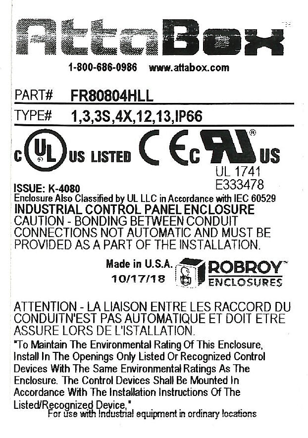 AttaBox Freedom series enclosure, NEMA 1/3/3S/4X/12/13, 8 x 8 x 4in (HxWxD), wall mount, fiberglass reinforced polyester, gray, crowned single-door, (2) twist-lock latches, padlock hasp and staple.-FR80804HLL