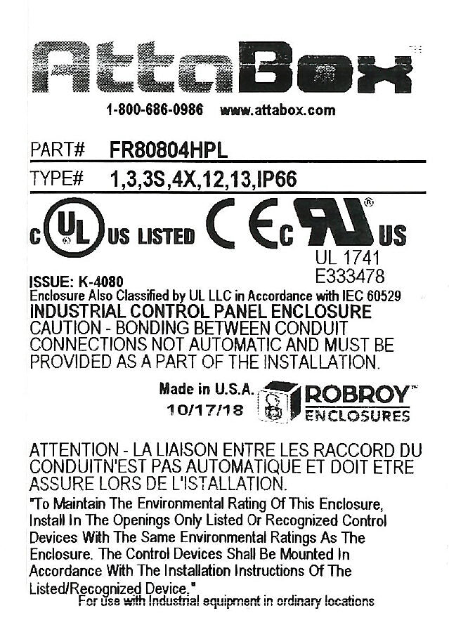 AttaBox Freedom series enclosure, NEMA 1/3/3S/4X/12/13, 8 x 8 x 4in (HxWxD), wall mount, fiberglass reinforced polyester, gray, crowned single-door, (2) quick-release latches, padlock hasp and staple.-FR80804HPL