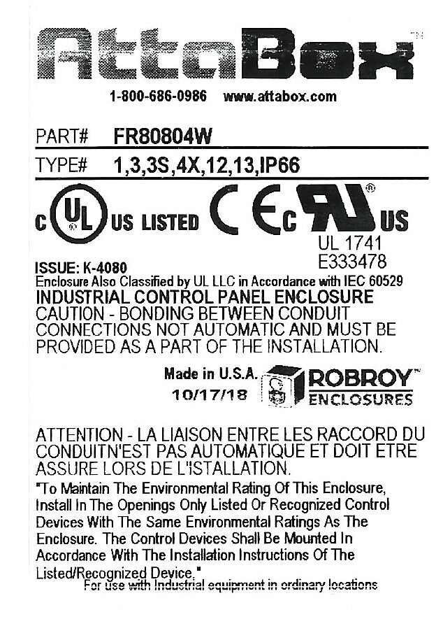 AttaBox Freedom series enclosure, NEMA 1/3/3S/4X/12/13, 8 x 8 x 4in (HxWxD), wall mount, fiberglass reinforced polyester, gray, crowned screw cover.-FR80804W