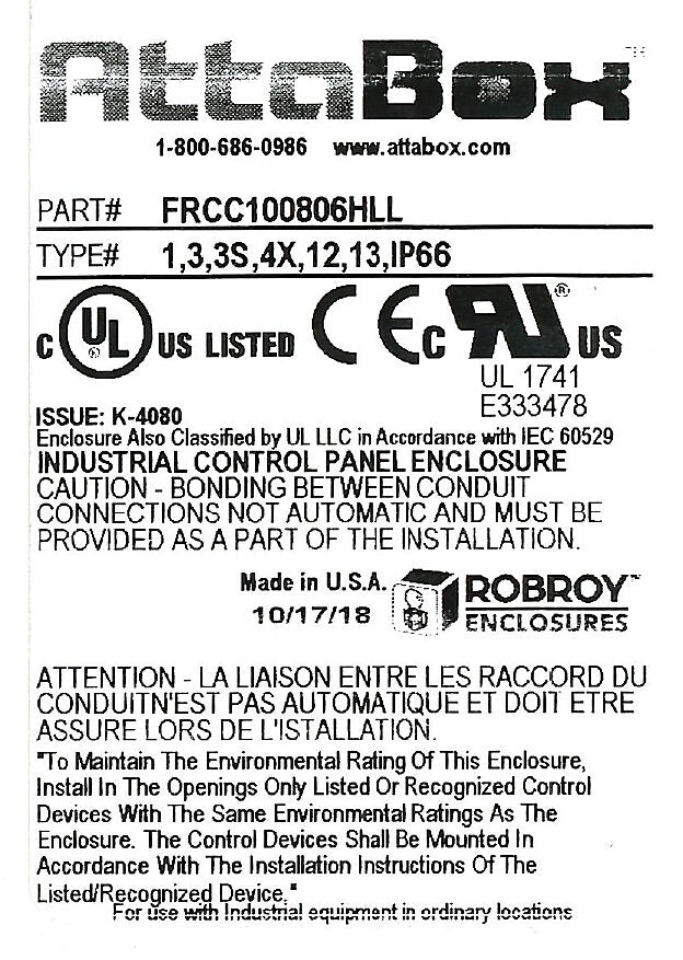 AttaBox Freedom series enclosure, NEMA 1/3/3S/4X/12/13, 10 x 8 x 6in (HxWxD), wall mount, fiberglass reinforced polyester, gray, clear polycarbonate single-door, (2) twist-lock latches, padlock hasp and staple.-FRCC100806HLL