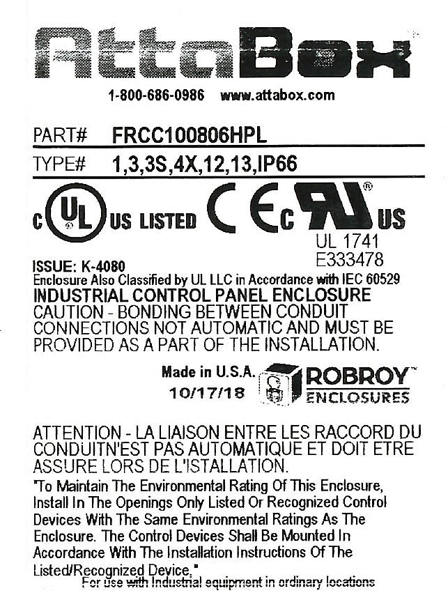 AttaBox Freedom series enclosure, NEMA 1/3/3S/4X/12/13, 10 x 8 x 6in (HxWxD), wall mount, fiberglass reinforced polyester, gray, clear polycarbonate single-door, (2) quick-release latches, padlock hasp and staple.-FRCC100806HPL
