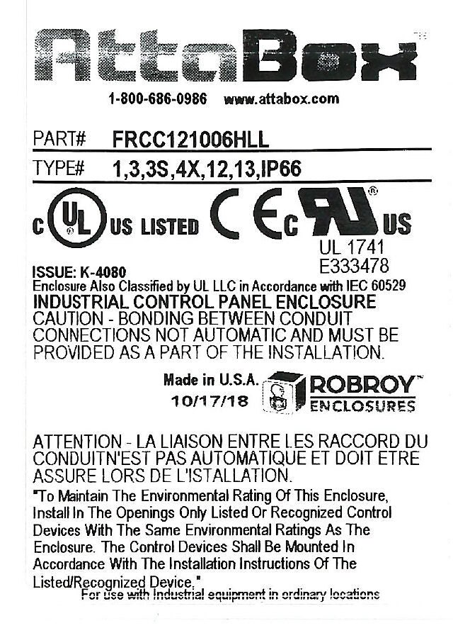 AttaBox Freedom series enclosure, NEMA 1/3/3S/4X/12/13, 12 x 10 x 6in (HxWxD), wall mount, fiberglass reinforced polyester, gray, clear polycarbonate single-door, (2) twist-lock latches, padlock hasp and staple.-FRCC121006HLL
