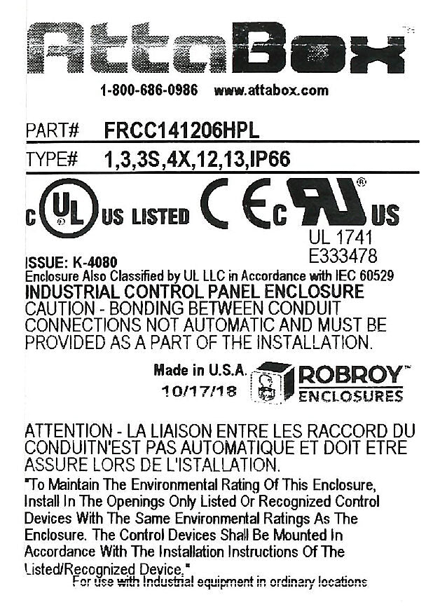 AttaBox Freedom series enclosure, NEMA 1/3/3S/4X/12/13, 14 x 12 x 6in (HxWxD), wall mount, fiberglass reinforced polyester, gray, clear polycarbonate single-door, (2) quick-release latches, padlock hasp and staple.-FRCC141206HPL