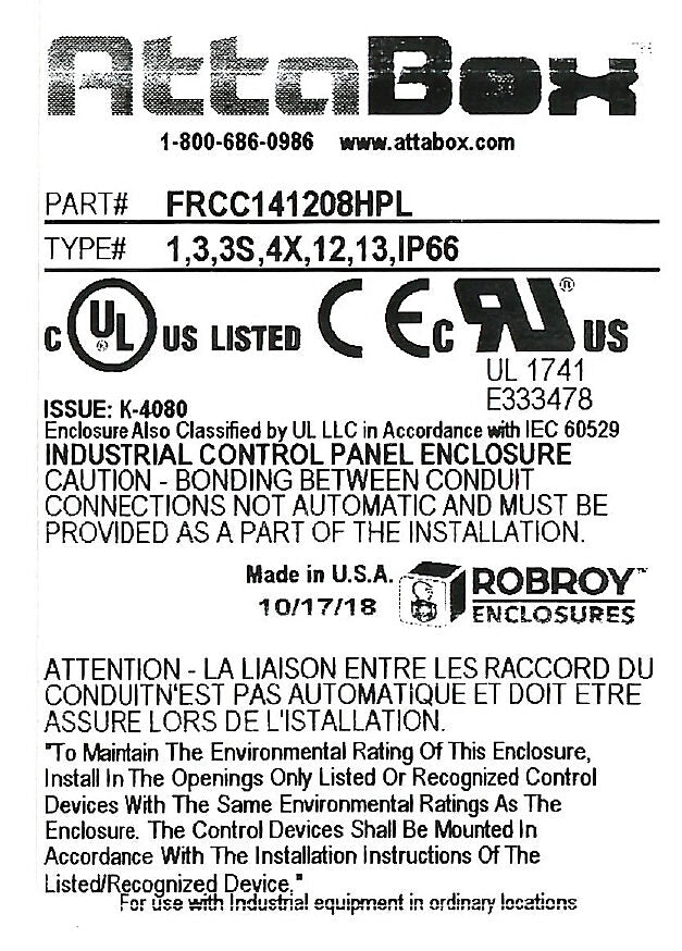 AttaBox Freedom series enclosure, NEMA 1/3/3S/4X/12/13, 14 x 12 x 8in (HxWxD), wall mount, fiberglass reinforced polyester, gray, clear polycarbonate single-door, (2) quick-release latches, padlock hasp and staple.-FRCC141208HPL