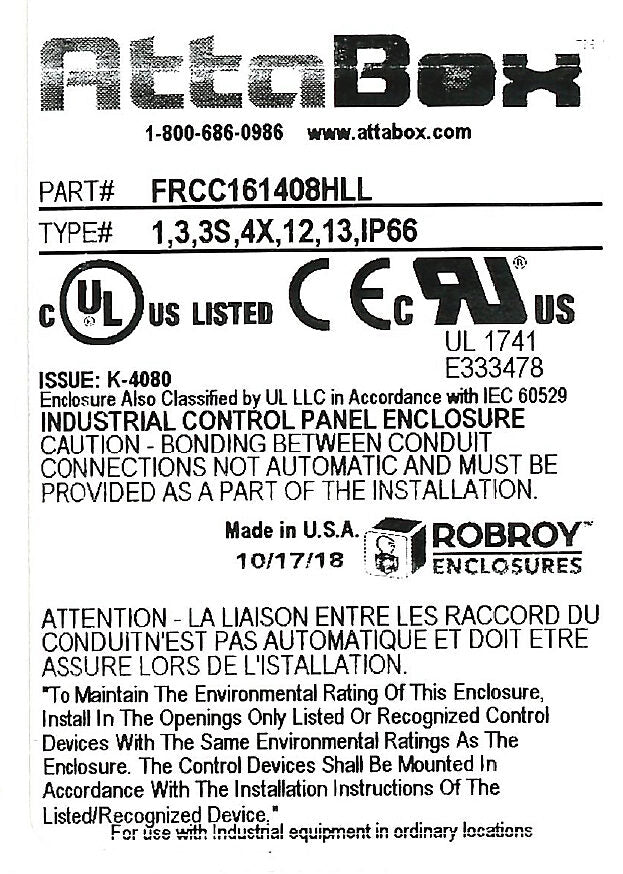 AttaBox Freedom series enclosure, NEMA 1/3/3S/4X/12/13, 16 x 14 x 8in (HxWxD), wall mount, fiberglass reinforced polyester, gray, clear polycarbonate single-door, (2) twist-lock latches, padlock hasp and staple.-FRCC161408HLL