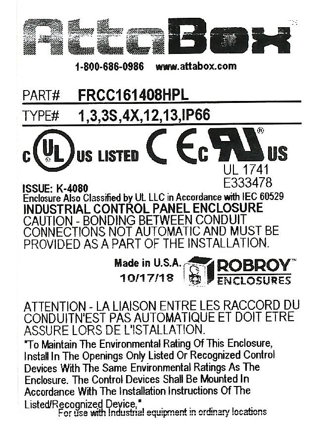 AttaBox Freedom series enclosure, NEMA 1/3/3S/4X/12/13, 16 x 14 x 8in (HxWxD), wall mount, fiberglass reinforced polyester, gray, clear polycarbonate single-door, (2) quick-release latches, padlock hasp and staple.-FRCC161408HPL