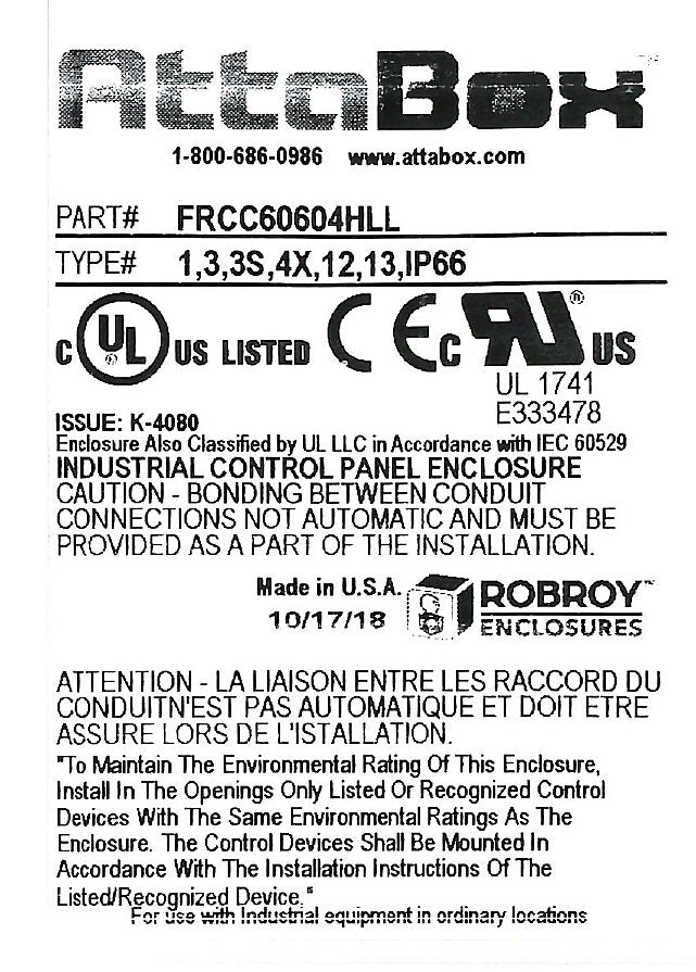 AttaBox Freedom series enclosure, NEMA 1/3/3S/4X/12/13, 6 x 6 x 4in (HxWxD), wall mount, fiberglass reinforced polyester, gray, clear polycarbonate single-door, (2) twist-lock latches, padlock hasp and staple.-FRCC60604HLL