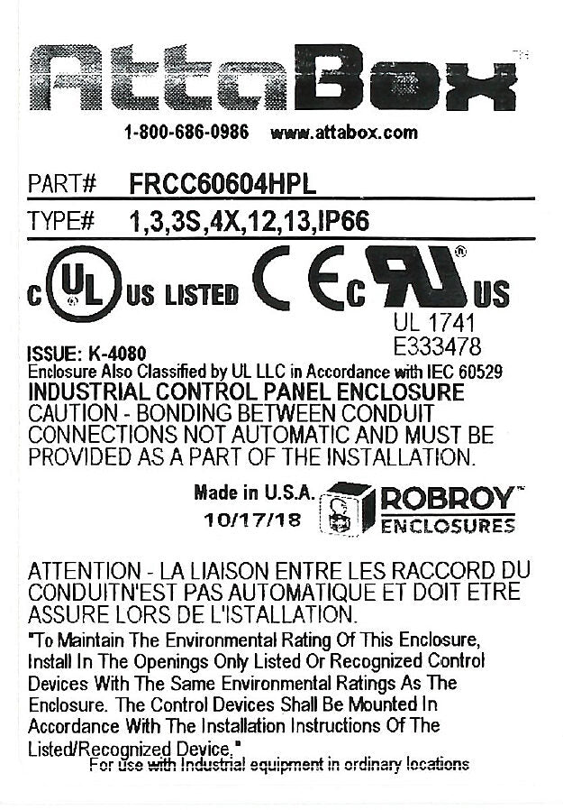 AttaBox Freedom series enclosure, NEMA 1/3/3S/4X/12/13, 6 x 6 x 4in (HxWxD), wall mount, fiberglass reinforced polyester, gray, clear polycarbonate single-door, (2) quick-release latches, padlock hasp and staple.-FRCC60604HPL