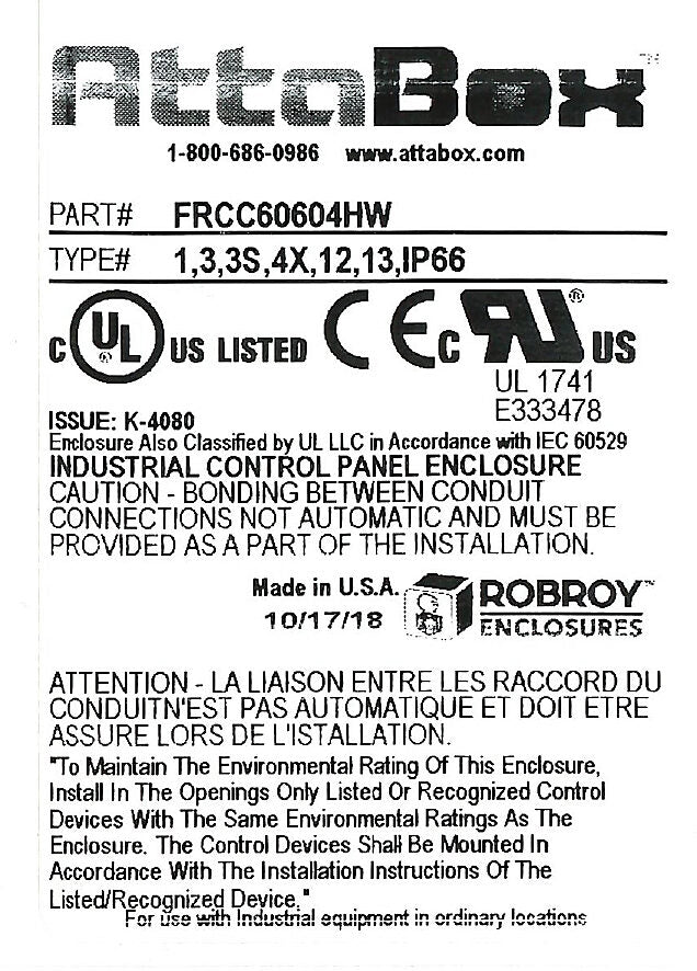 AttaBox Freedom series enclosure, NEMA 1/3/3S/4X/12/13, 6 x 6 x 4in (HxWxD), wall mount, fiberglass reinforced polyester, gray, clear polycarbonate hinged screw cover.-FRCC60604HW