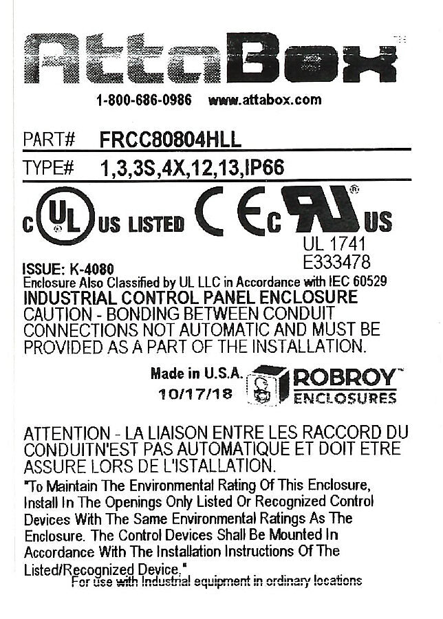 AttaBox Freedom series enclosure, NEMA 1/3/3S/4X/12/13, 8 x 8 x 4in (HxWxD), wall mount, fiberglass reinforced polyester, gray, clear polycarbonate single-door, (2) twist-lock latches, padlock hasp and staple.-FRCC80804HLL