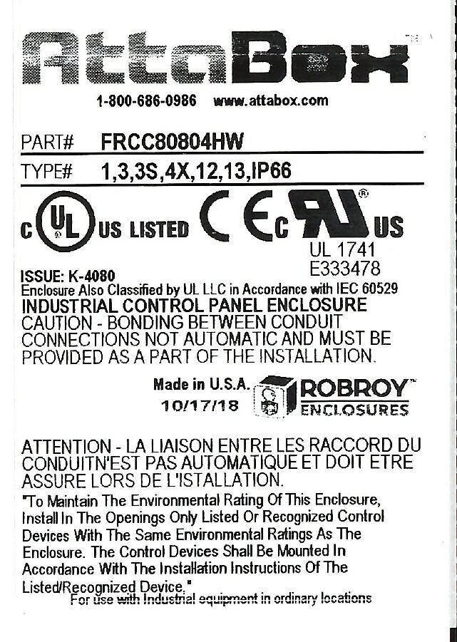 AttaBox Freedom series enclosure, NEMA 1/3/3S/4X/12/13, 8 x 8 x 4in (HxWxD), wall mount, fiberglass reinforced polyester, gray, clear polycarbonate hinged screw cover.-FRCC80804HW