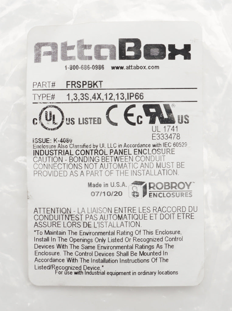 AttaBox Freedom series swing panel bracket, package of 4. For use with Freedom series enclosures. Mounting screws included.-FRSPBKT