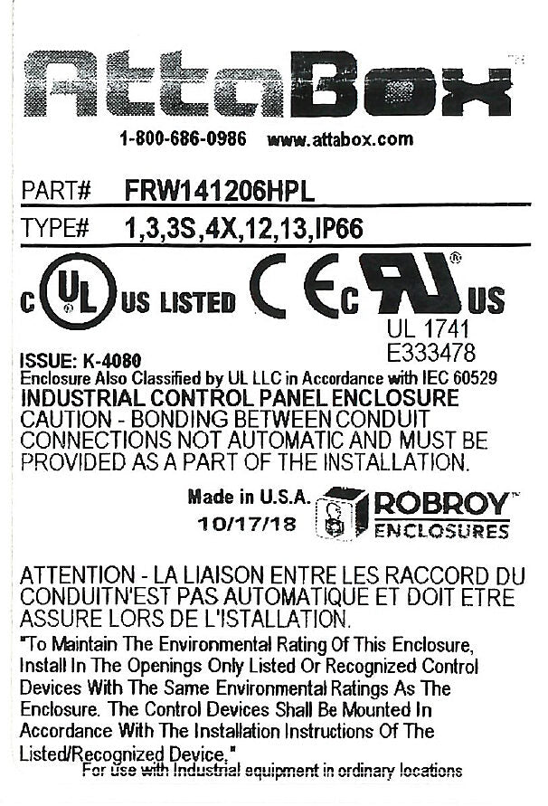 AttaBox Freedom series enclosure, NEMA 1/3/3S/4X/12/13, 14 x 12 x 6in (HxWxD), wall mount, fiberglass reinforced polyester, gray, crowned single-door, (2) quick-release latches, padlock hasp and staple, SAR acrylic window.-FRW141206HPL