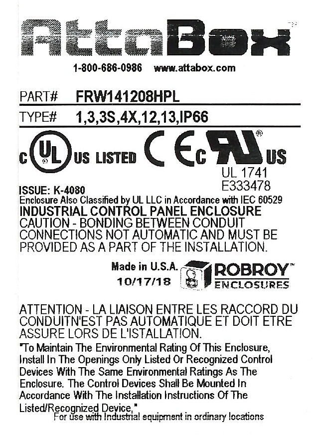 AttaBox Freedom series enclosure, NEMA 1/3/3S/4X/12/13, 14 x 12 x 8in (HxWxD), wall mount, fiberglass reinforced polyester, gray, crowned single-door, (2) quick-release latches, padlock hasp and staple, SAR acrylic window.-FRW141208HPL