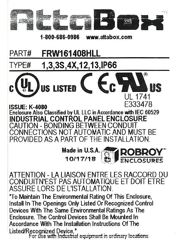 AttaBox Freedom series enclosure, NEMA 1/3/3S/4X/12/13, 16 x 14 x 8in (HxWxD), wall mount, fiberglass reinforced polyester, gray, crowned single-door, (2) twist-lock latches, padlock hasp and staple, SAR acrylic window.-FRW161408HLL