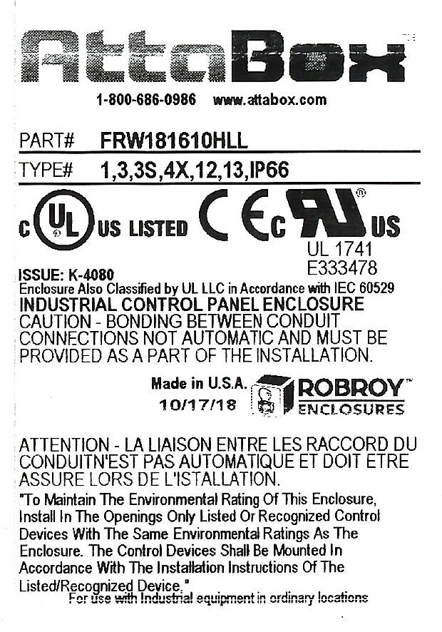 AttaBox Freedom series enclosure, NEMA 1/3/3S/4X/12/13, 18 x 16 x 10in (HxWxD), wall mount, fiberglass reinforced polyester, gray, crowned single-door, (2) twist-lock latches, padlock hasp and staple, SAR acrylic window.-FRW181610HLL