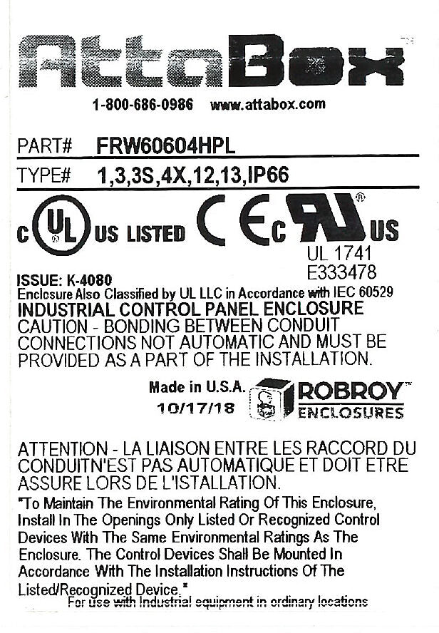 AttaBox Freedom series enclosure, NEMA 1/3/3S/4X/12/13, 6 x 6 x 4in (HxWxD), wall mount, fiberglass reinforced polyester, gray, crowned single-door, (2) quick-release latches, padlock hasp and staple, SAR acrylic window.-FRW60604HPL