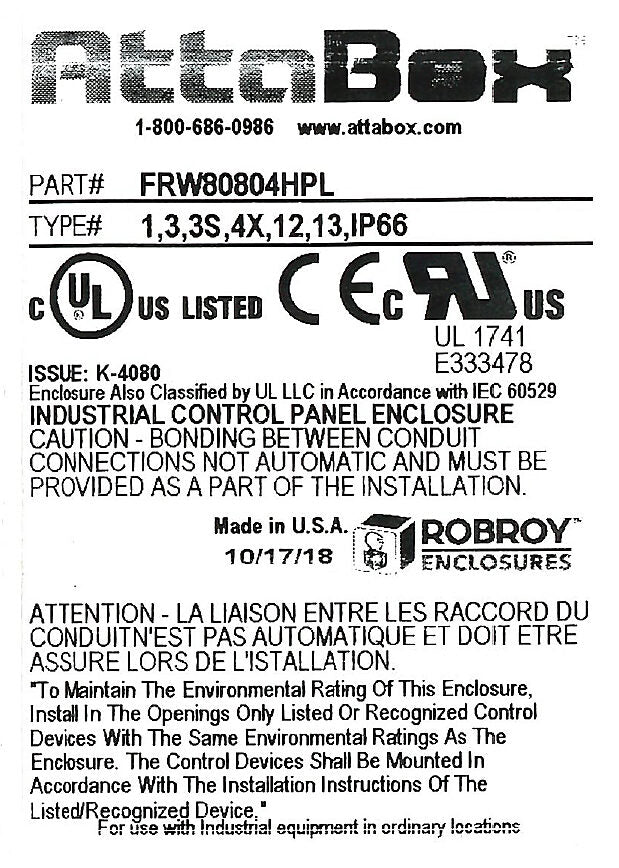 AttaBox Freedom series enclosure, NEMA 1/3/3S/4X/12/13, 8 x 8 x 4in (HxWxD), wall mount, fiberglass reinforced polyester, gray, crowned single-door, (2) quick-release latches, padlock hasp and staple, SAR acrylic window.-FRW80804HPL