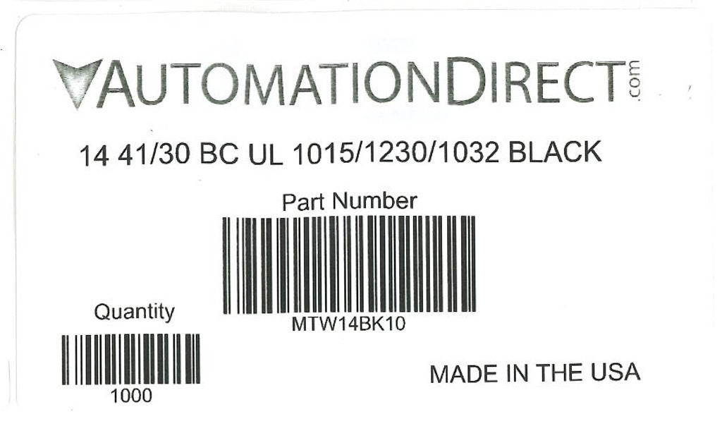Atlas Wire MTW hook-up wire, single conductor, 14 AWG, 41-stranded, bare copper, PVC conductor insulation material, black, 600V, 1000ft spool.-MTW14BK10