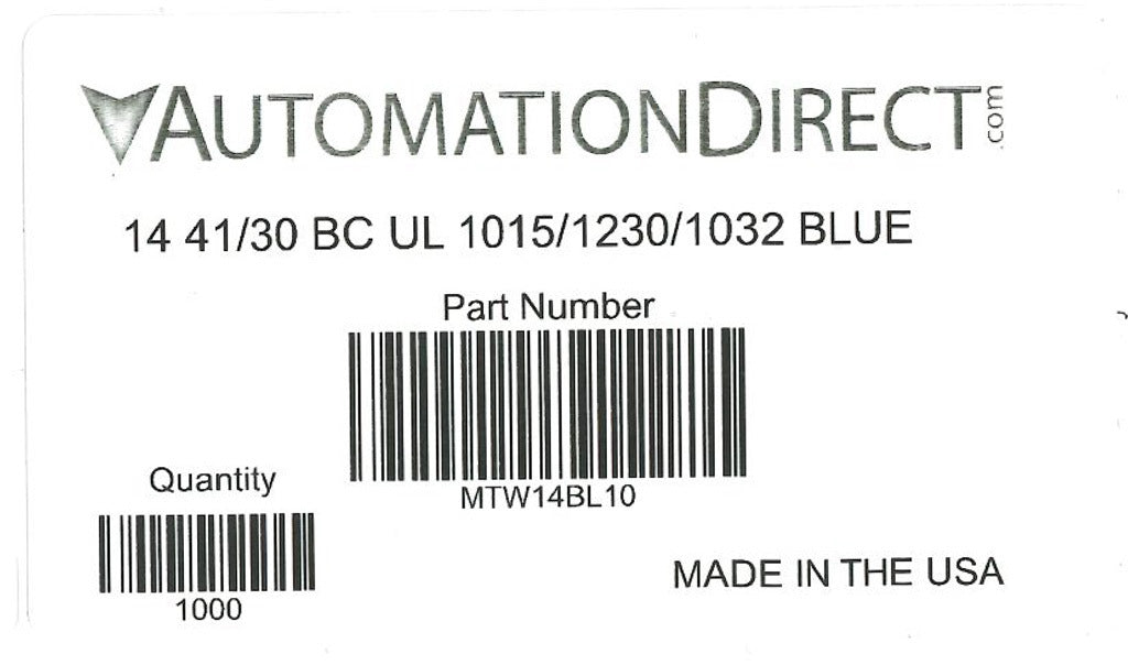Atlas Wire MTW hook-up wire, single conductor, 14 AWG, 41-stranded, bare copper, PVC conductor insulation material, blue, 600V, 1000ft spool.-MTW14BL10