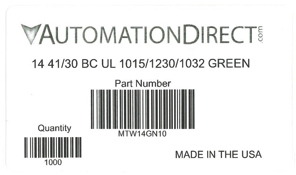Atlas Wire MTW hook-up wire, single conductor, 14 AWG, 41-stranded, bare copper, PVC conductor insulation material, green, 600V, 1000ft spool.-MTW14GN10