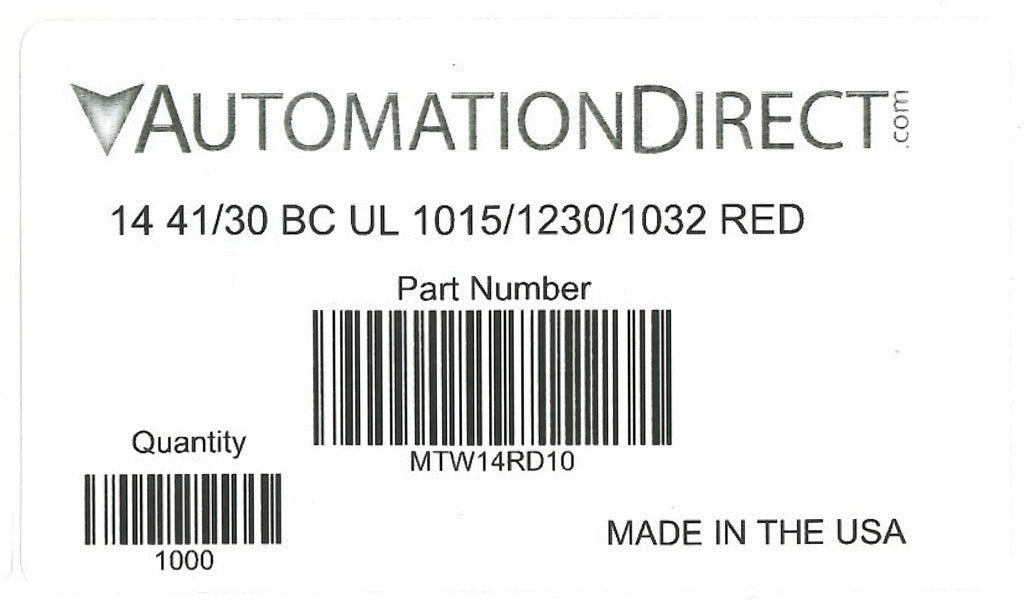 Atlas Wire MTW hook-up wire, single conductor, 14 AWG, 41-stranded, bare copper, PVC conductor insulation material, red, 600V, 1000ft spool.-MTW14RD10