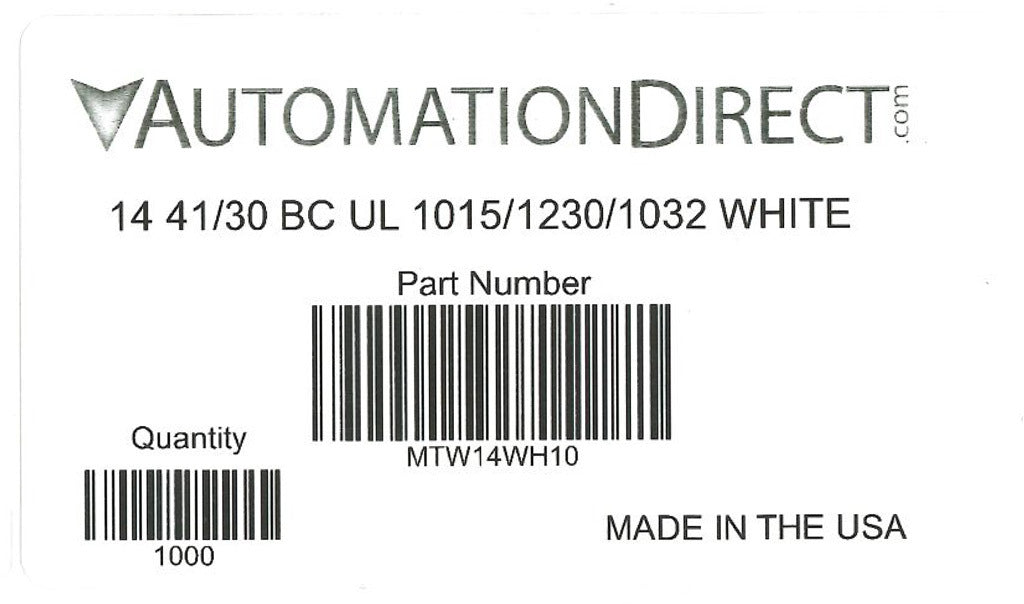 Atlas Wire MTW hook-up wire, single conductor, 14 AWG, 41-stranded, bare copper, PVC conductor insulation material, white, 600V, 1000ft spool.-MTW14WH10