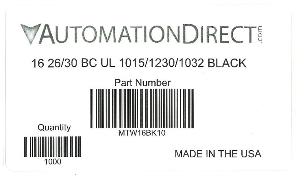 Atlas Wire MTW hook-up wire, single conductor, 16 AWG, 26-stranded, bare copper, PVC conductor insulation material, black, 600V, 1000ft spool.-MTW16BK10