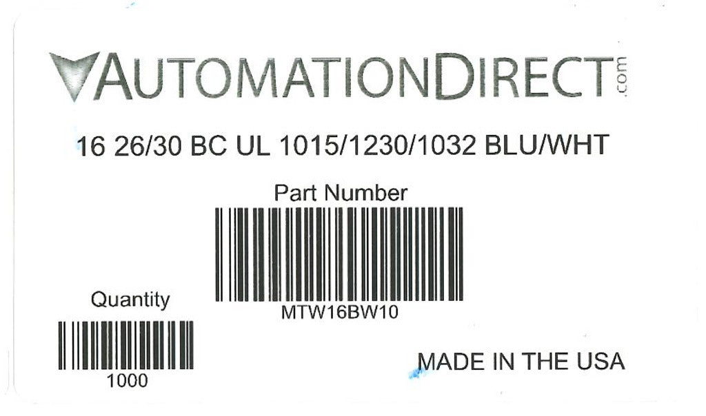Atlas Wire MTW hook-up wire, single conductor, 16 AWG, 26-stranded, bare copper, PVC conductor insulation material, blue with white stripe, 600V, 1000ft spool.-MTW16BW10