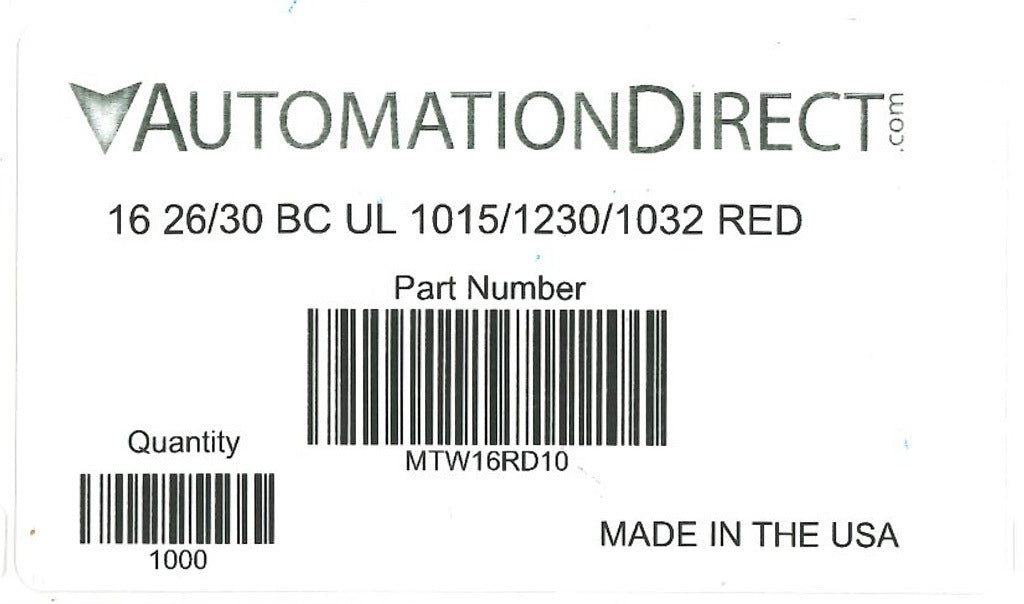 Atlas Wire MTW hook-up wire, single conductor, 16 AWG, 26-stranded, bare copper, PVC conductor insulation material, red, 600V, 1000ft spool.-MTW16RD10