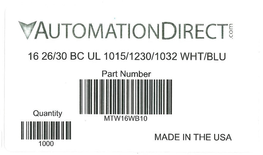 Atlas Wire MTW hook-up wire, single conductor, 16 AWG, 26-stranded, bare copper, PVC conductor insulation material, white with blue stripe, 600V, 1000ft spool.-MTW16WB10
