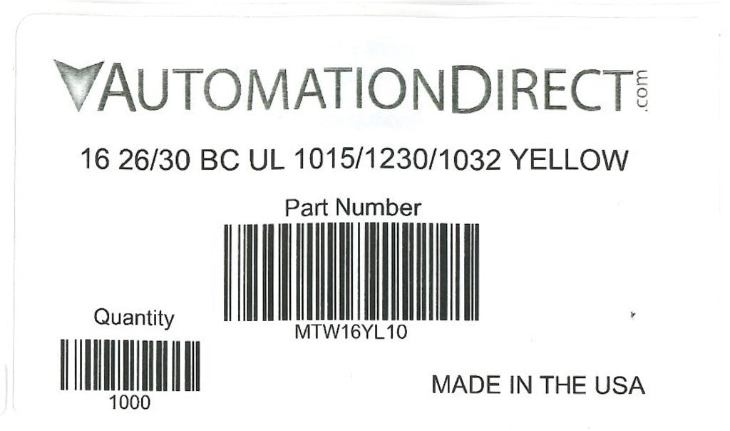 Atlas Wire MTW hook-up wire, single conductor, 16 AWG, 26-stranded, bare copper, PVC conductor insulation material, yellow, 600V, 1000ft spool.-MTW16YL10