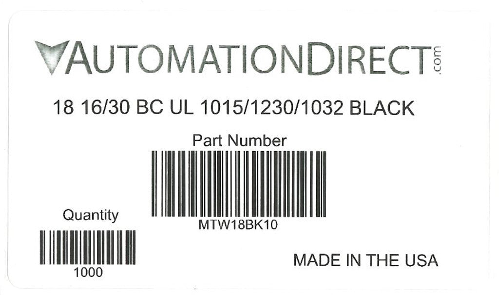 Atlas Wire MTW hook-up wire, single conductor, 18 AWG, 16-stranded, bare copper, PVC conductor insulation material, black, 600V, 1000ft spool.-MTW18BK10