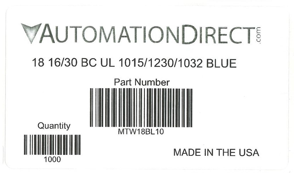 Atlas Wire MTW hook-up wire, single conductor, 18 AWG, 16-stranded, bare copper, PVC conductor insulation material, blue, 600V, 1000ft spool.-MTW18BL10