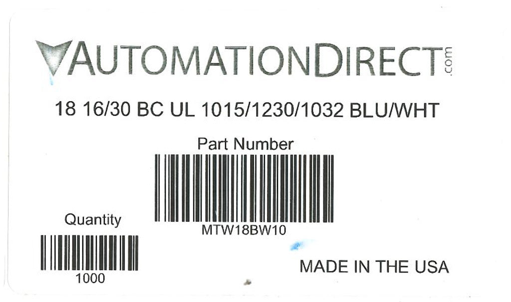 Atlas Wire MTW hook-up wire, single conductor, 18 AWG, 16-stranded, bare copper, PVC conductor insulation material, blue with white stripe, 600V, 1000ft spool.-MTW18BW10