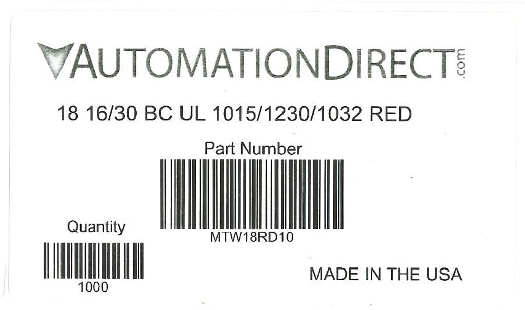 Atlas Wire MTW hook-up wire, single conductor, 18 AWG, 16-stranded, bare copper, PVC conductor insulation material, red, 600V, 1000ft spool.-MTW18RD10