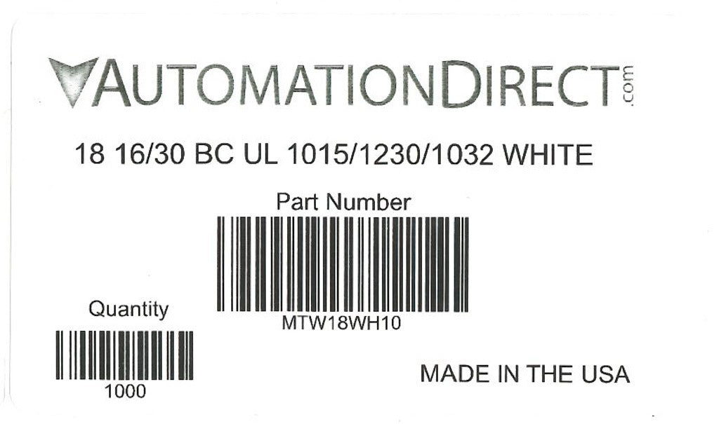 Atlas Wire MTW hook-up wire, single conductor, 18 AWG, 16-stranded, bare copper, PVC conductor insulation material, white, 600V, 1000ft spool.-MTW18WH10