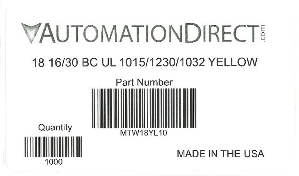 Atlas Wire MTW hook-up wire, single conductor, 18 AWG, 16-stranded, bare copper, PVC conductor insulation material, yellow, 600V, 1000ft spool.-MTW18YL10
