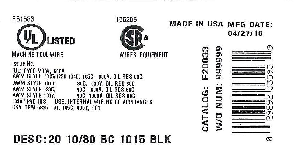Atlas Wire MTW hook-up wire, single conductor, 20 AWG, 10-stranded, bare copper, PVC conductor insulation material, black, 600V, 500ft spool.-MTW20BK