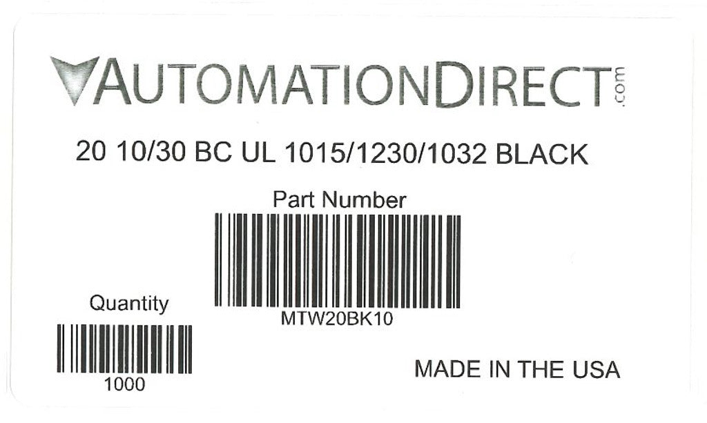 Atlas Wire MTW hook-up wire, single conductor, 20 AWG, 10-stranded, bare copper, PVC conductor insulation material, black, 600V, 1000ft spool.-MTW20BK10