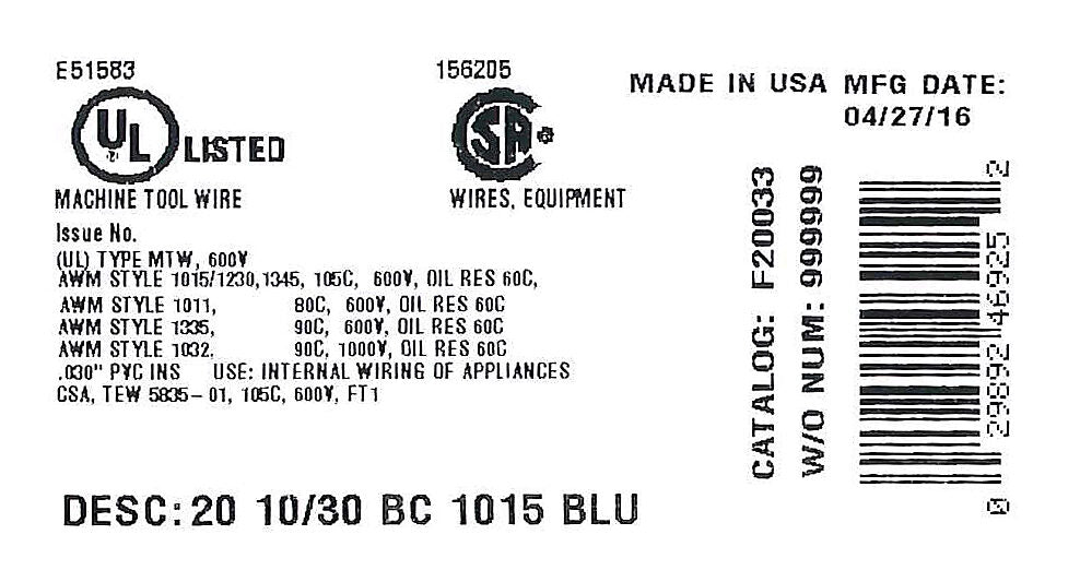 Atlas Wire MTW hook-up wire, single conductor, 20 AWG, 10-stranded, bare copper, PVC conductor insulation material, blue, 600V, 500ft spool.-MTW20BL