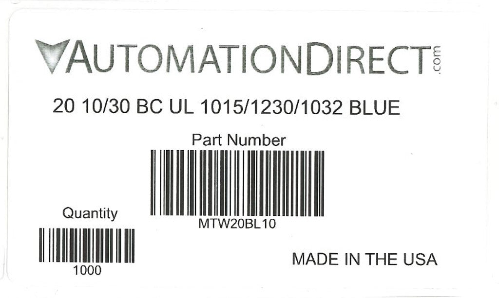 Atlas Wire MTW hook-up wire, single conductor, 20 AWG, 10-stranded, bare copper, PVC conductor insulation material, blue, 600V, 1000ft spool.-MTW20BL10